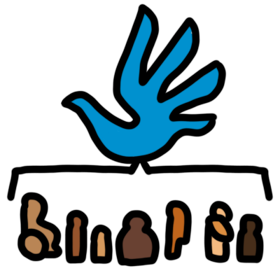 the human rights emblem (a blue handprint shaped like a dove) with a bracket coming down from it and encompassing a broad range of different human figures. the figures are all different shapes and sizes and different human skintones.